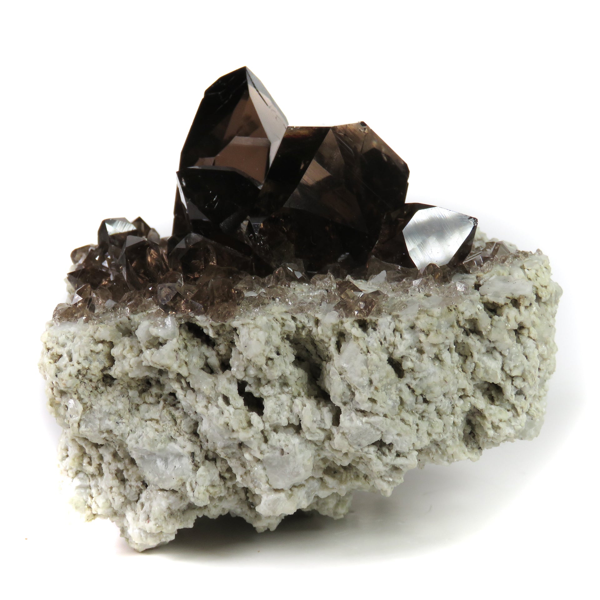 A remarkable smoky quartz specimen featuring two intergrown gwindel crystals with exceptional mirror-like luster and deep smoky coloration perched on pristine adularia matrix. The 8 cm piece from Switzerland's renowned Cavradi Gorge displays textbook closed gwindel formation, prismatic crystals with axial rotation, and represents an extraordinarily rare combination of alpine mineralogy.