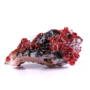 A superior specimen featuring two dramatic clusters of blood-red vanadinite crystals perched on barite matrix, with distinctive dark goethite and white calcite coatings creating striking contrast. The large-scale crystals display exceptional color saturation and complex mineral associations, producing a visually compelling interplay of hues and textures throughout the piece.