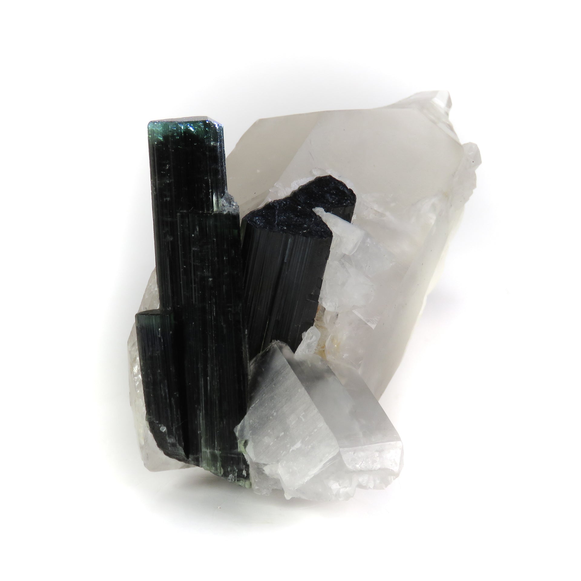 A large, translucent reverse scepter quartz crystal containing embedded blue-green tourmaline crystals. The complex quartz formation shows rehealed surfaces and a pristine termination, with patches of white albite visible. The tourmaline crystals can be seen through the clear portions of the host quartz, creating a striking inclusion specimen.