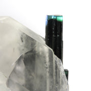 A large, translucent reverse scepter quartz crystal containing embedded blue-green tourmaline crystals. The complex quartz formation shows rehealed surfaces and a pristine termination, with patches of white albite visible. The tourmaline crystals can be seen through the clear portions of the host quartz, creating a striking inclusion specimen.