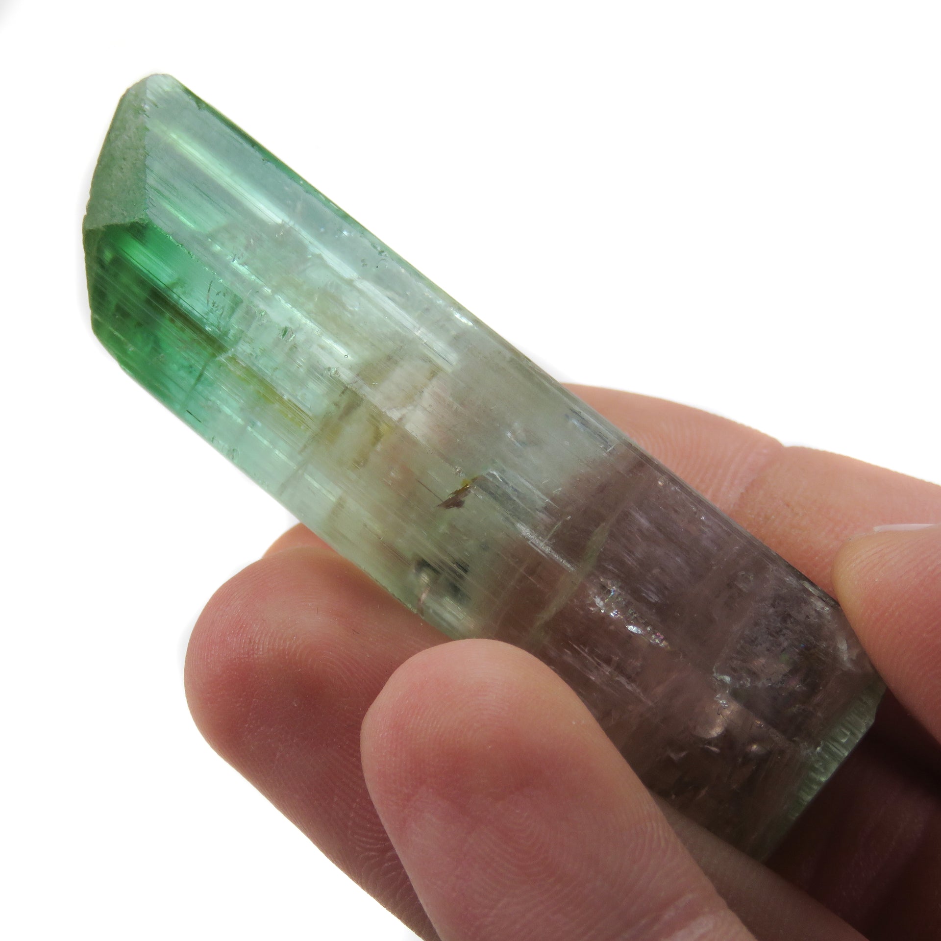 A superior Nigerian tourmaline specimen featuring a large doubly-terminated floater crystal with dramatic color zoning from vibrant green through gem-clear achroite to blue-green and rich pink sections. The remarkable crystal displays exceptional transparency, pristine terminations, and a complex progression of colors that make it a significant example of the latest finds from this prolific locality.