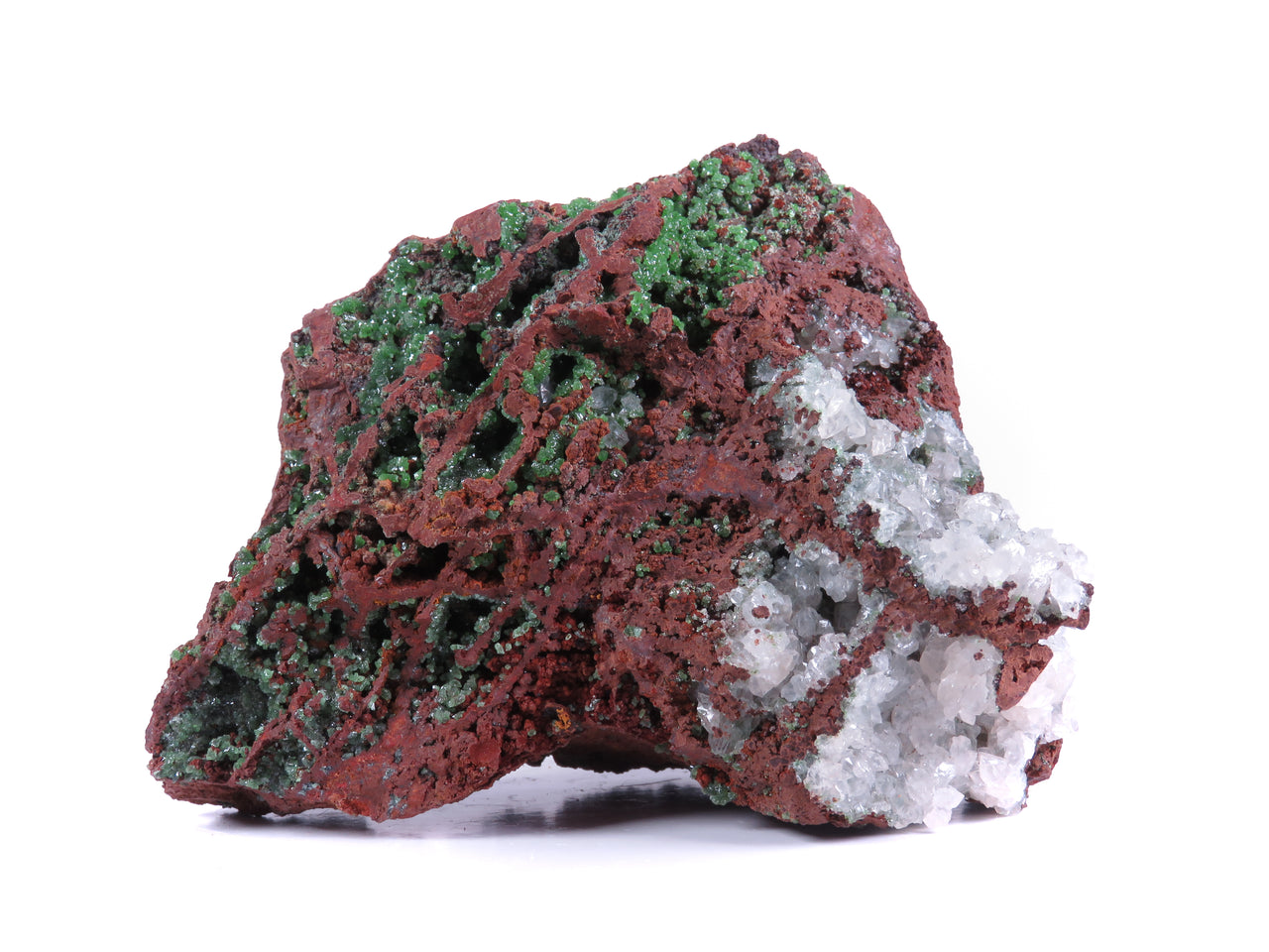 A mineral specimen featuring bright green cuprian adamite crystals nestled within symmetrical vugs (cavities) in red-brown host rock. Well-formed white calcite crystals are visible to one side. The reverse side displays more elongated, subtly-colored cuprian austinite crystals. The overall banding pattern of the crystal-filled pockets creates a symmetrical appearance across the specimen.