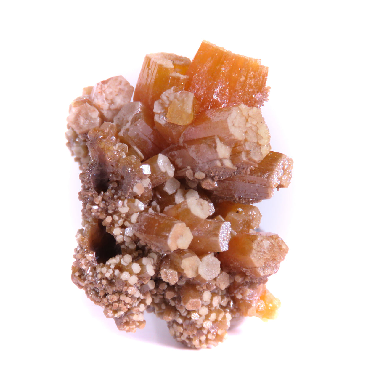 A superior Bunker Hill pyromorphite featuring sculptural barrel-shaped crystals with distinctive cream-colored terminations and a dominant orange central crystal. The 6 cm specimen from this legendary Idaho locality displays exceptional epimorphic growth patterns, pristine preservation, and represents a unique example from this world-famous mining district.