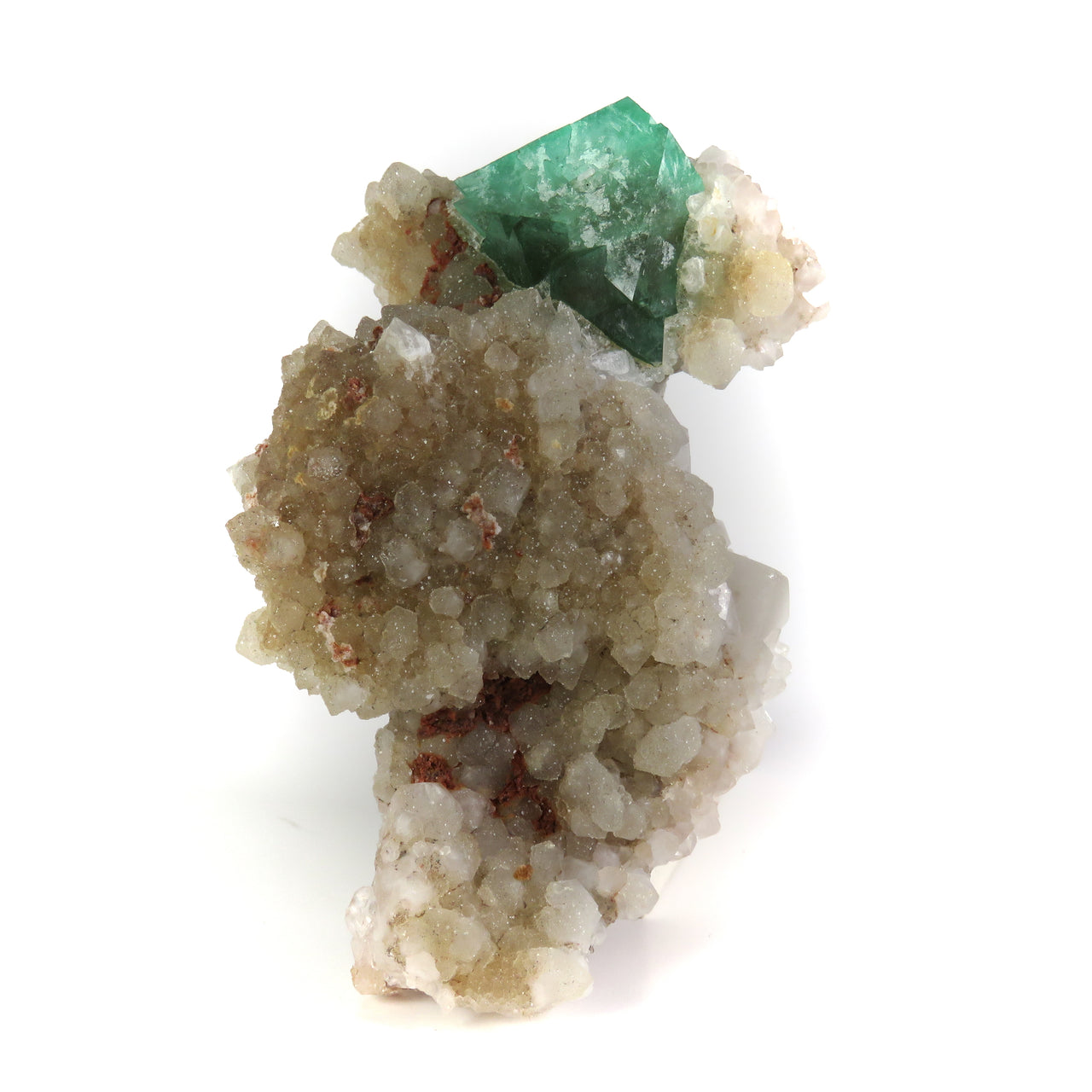 A superior Riemvasmaak fluorite specimen featuring interlocked octahedral crystals with rich green color zoning perched on white quartz matrix. The 6 cm cluster from this renowned South African locality displays excellent crystal definition, strong UV fluorescence, and can be oriented multiple ways for optimal presentation.