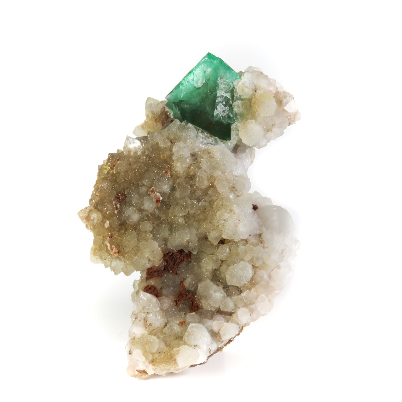 A superior Riemvasmaak fluorite specimen featuring interlocked octahedral crystals with rich green color zoning perched on white quartz matrix. The 6 cm cluster from this renowned South African locality displays excellent crystal definition, strong UV fluorescence, and can be oriented multiple ways for optimal presentation.