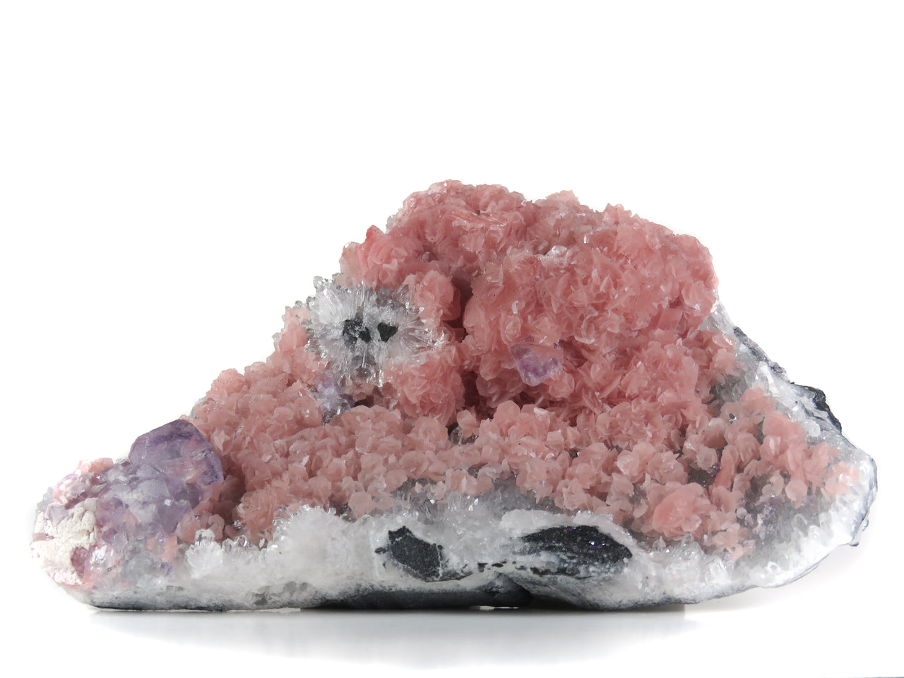 A delightful rhodochrosite specimen featuring flattened rhombohedral crystals with soft pink coloration, accompanied by purple fluorite and crystalline quartz matrix. The 12 cm specimen from China's Wutong Mine displays classic three-species paragenesis, pyrite-dusted crystal edges, and exhibits striking UV fluorescence in the fluorite crystals.