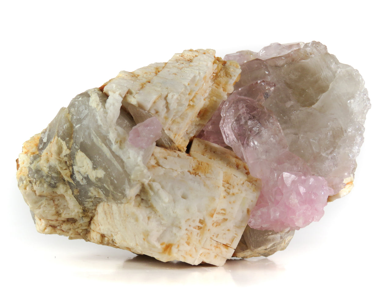 A superb rose quartz specimen featuring exceptional inch-long doubly-terminated crystals with delicate pink coloration perched on white microcline and clear quartz matrix. The 8 cm specimen from Brazil's famous Sapucaia Mine displays pristine crystallization, natural rosette formations, and represents a rare crystallized variety of this typically massive species.