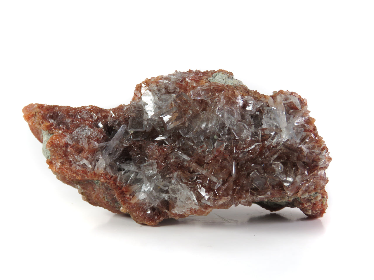 A striking mineral specimen featuring transparent, tabular celestine crystals jutting out from a rusty-red hematite-stained matrix. The crystals are glassy and well-formed, arranged in a bristling formation across the specimen's surface. The dramatic contrast between the clear, prismatic crystals and the deep red-brown matrix creates a natural sculptural effect.