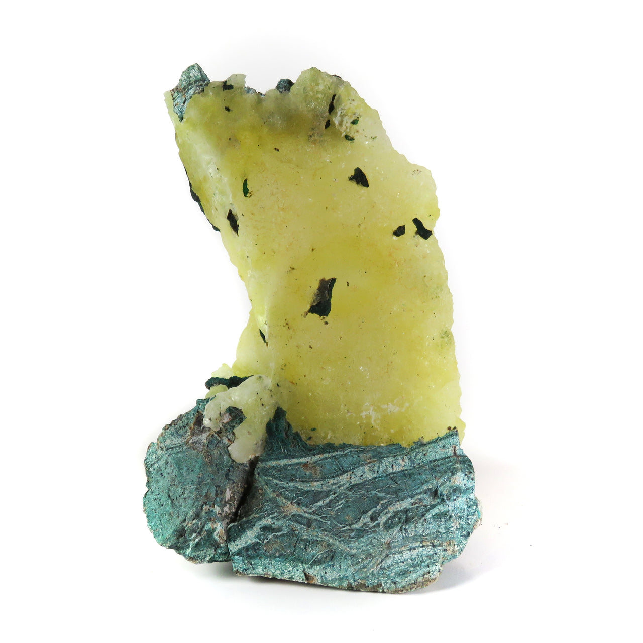 A striking specimen featuring a large, lemon-yellow brucite crystal column emerging from a base of blue-green matrix rock. The translucent brucite formation stands prominently upright, dotted with small dark inclusions, while the matrix shows layered textures in contrasting turquoise tones. The natural positioning creates a dramatic presentation where the brucite appears to be wedged between the matrix layers.