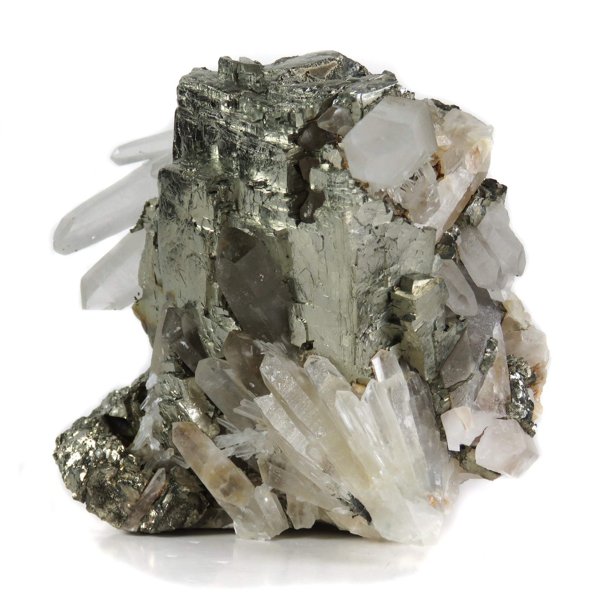 A fascinating pyrite specimen featuring brilliant metallic crystals with natural cavities intergrown with radiating clear and smoky quartz. The 6 cm specimen displays exceptional multi-generational growth patterns, dynamic light play, and represents a unique crystallization sequence with pristine display aesthetics.