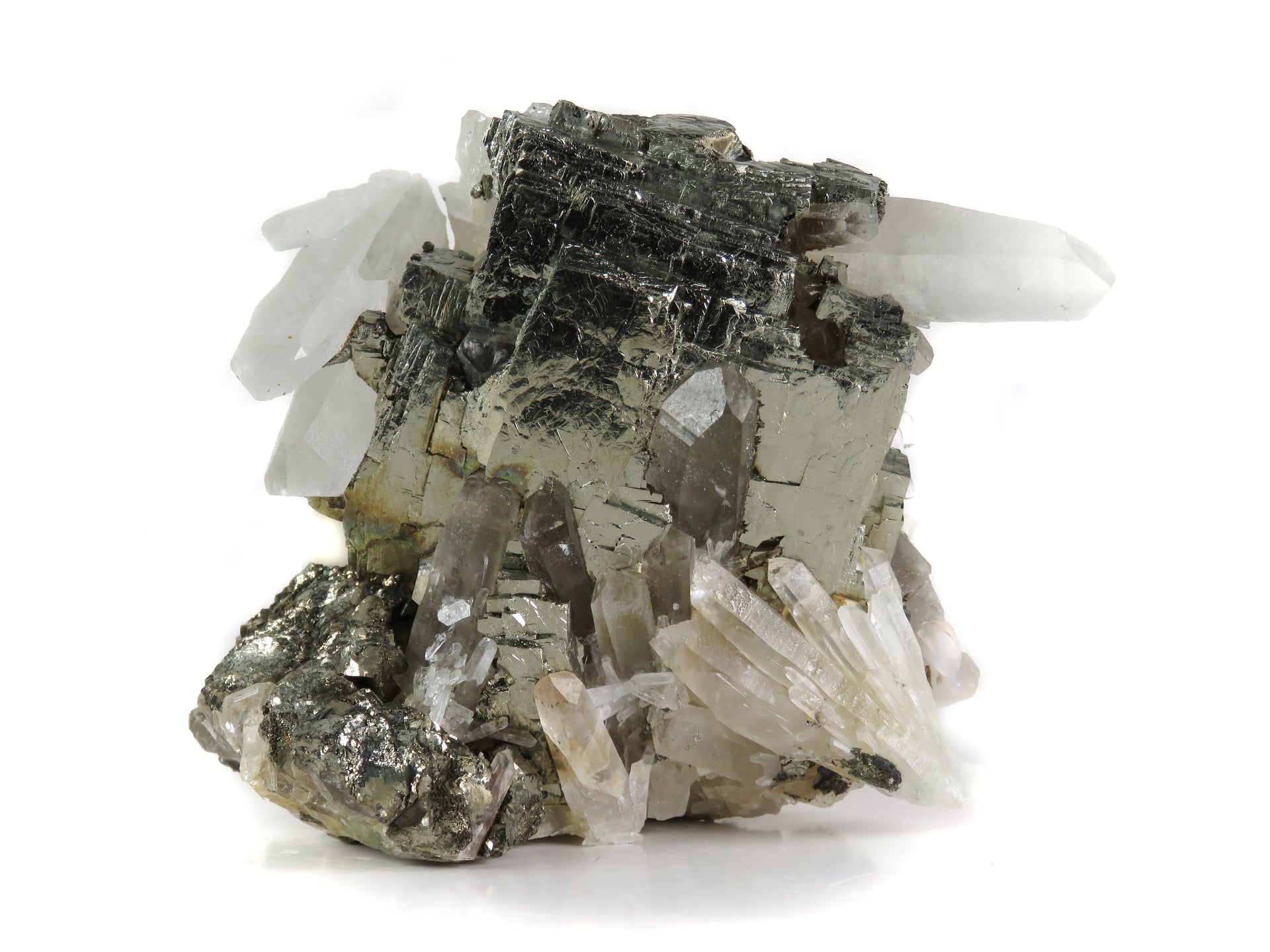 A fascinating pyrite specimen featuring brilliant metallic crystals with natural cavities intergrown with radiating clear and smoky quartz. The 6 cm specimen displays exceptional multi-generational growth patterns, dynamic light play, and represents a unique crystallization sequence with pristine display aesthetics.