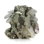 A fascinating pyrite specimen featuring brilliant metallic crystals with natural cavities intergrown with radiating clear and smoky quartz. The 6 cm specimen displays exceptional multi-generational growth patterns, dynamic light play, and represents a unique crystallization sequence with pristine display aesthetics.