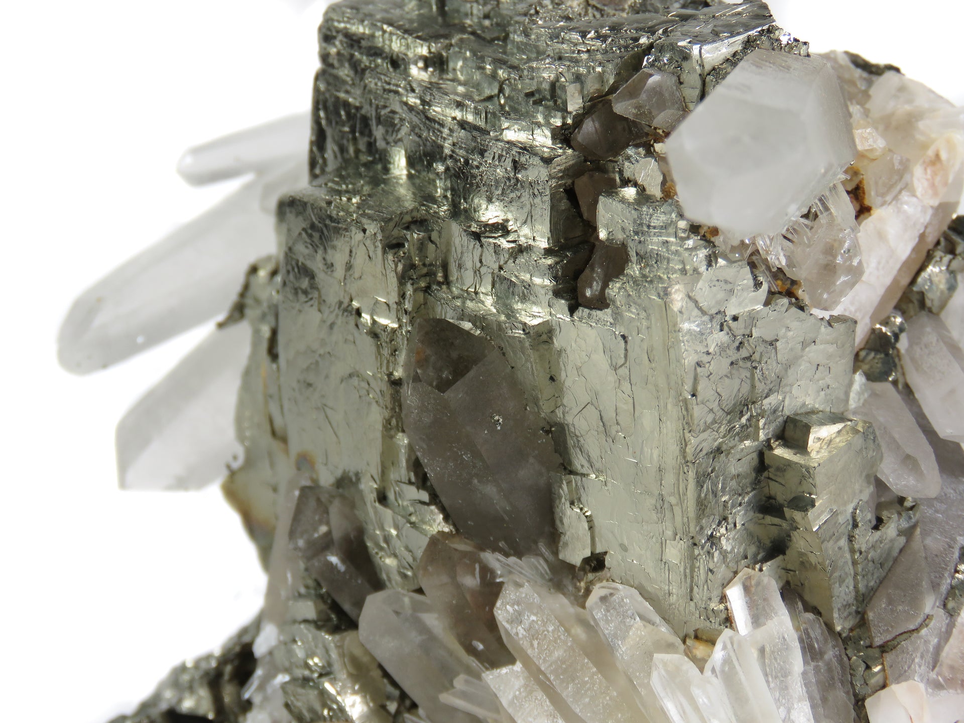 A fascinating pyrite specimen featuring brilliant metallic crystals with natural cavities intergrown with radiating clear and smoky quartz. The 6 cm specimen displays exceptional multi-generational growth patterns, dynamic light play, and represents a unique crystallization sequence with pristine display aesthetics.