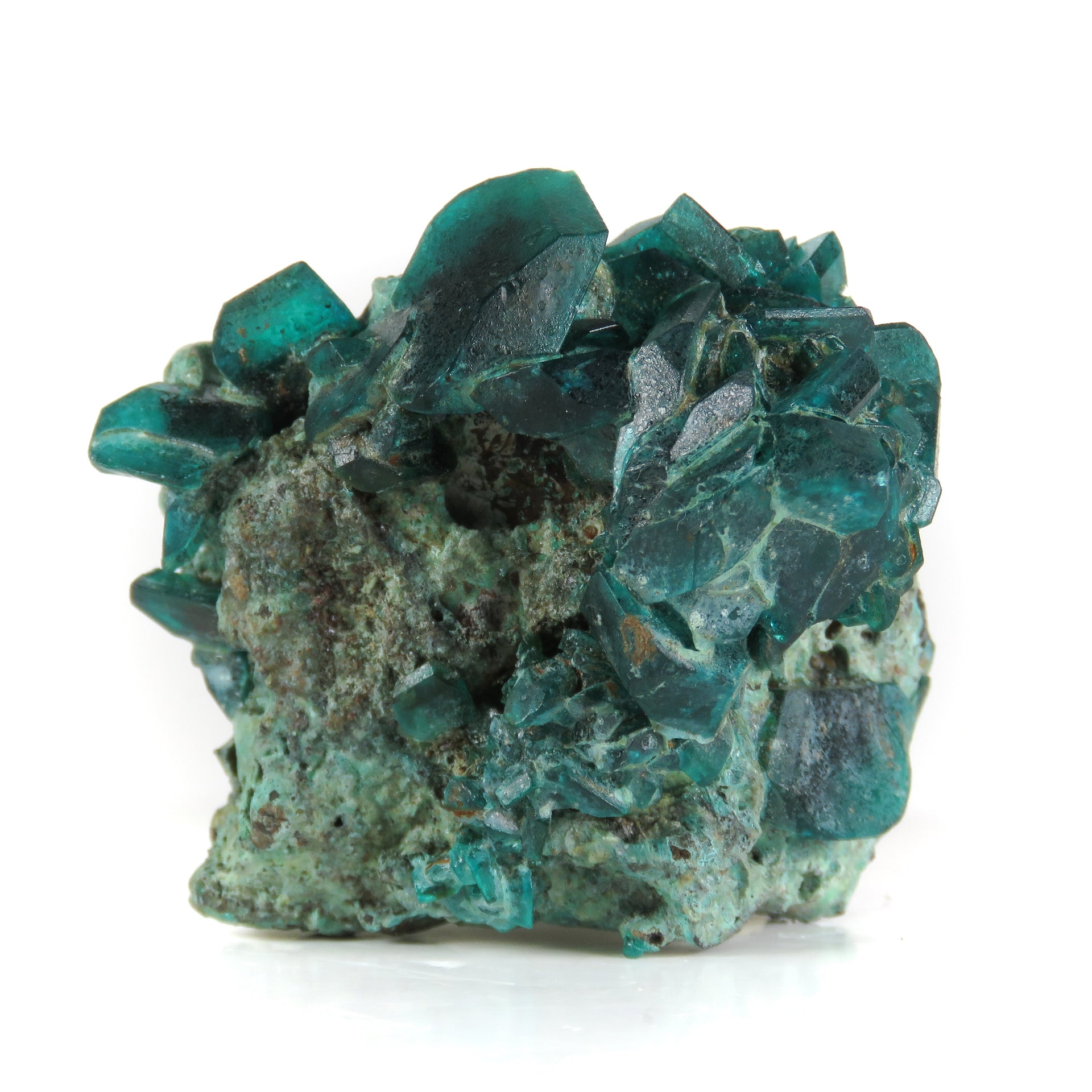 An exceptional chalcanthite specimen featuring sharp, well-formed crystals in a rich emerald-green color, rather than the typical fibrous blue-green growths. The distinct crystalline formation stands out against any matrix, showcasing a rare post-mining crystallization pattern that differs dramatically from typical chalcanthite specimens.