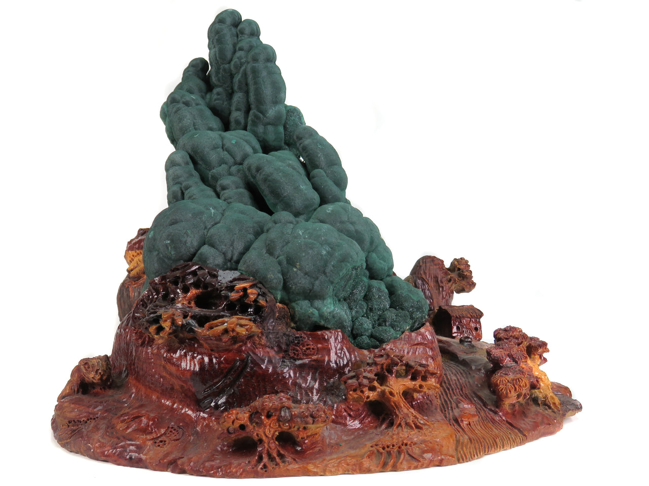 A superior malachite specimen from the Katanga region featuring classic stalactitic growth formations with lustrous, rolling surfaces reminiscent of a dramatic mountain landscape. The cabinet-sized piece from the Democratic Republic of the Congo displays exceptional quality typical of this world-class locality, elegantly mounted on a custom-carved wooden base depicting an East Asian countryside scene.