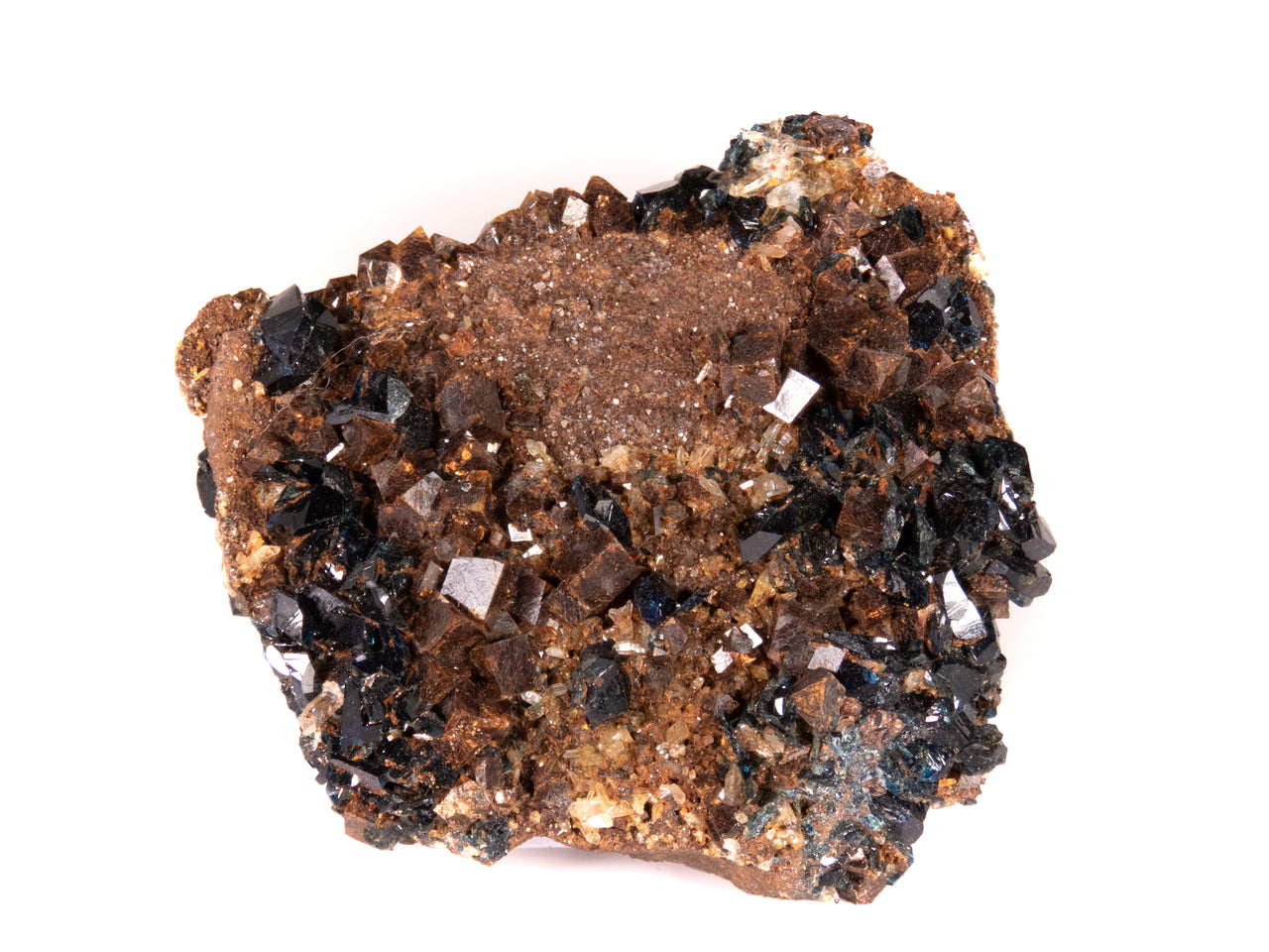 A superior lazulite specimen featuring deep blue crystals clustered harmoniously with lustrous brown siderite and clear quartz. The 7 cm matrix display shows excellent balance between minerals, clean crystal development, and presents attractively from multiple angles.
