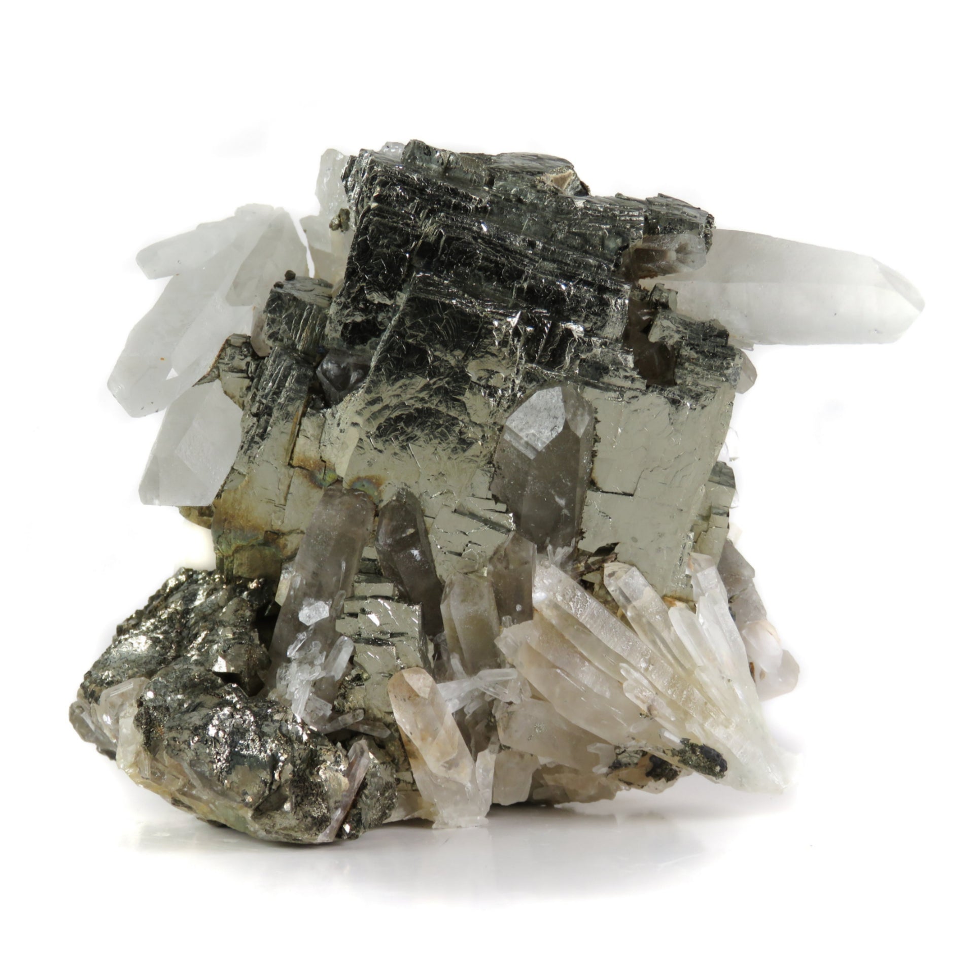 A fascinating pyrite specimen featuring brilliant metallic crystals with natural cavities intergrown with radiating clear and smoky quartz. The 6 cm specimen displays exceptional multi-generational growth patterns, dynamic light play, and represents a unique crystallization sequence with pristine display aesthetics.