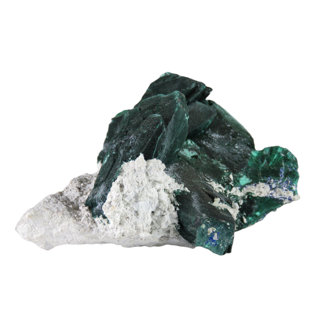 A superior malachite pseudomorph specimen featuring lustrous green crystals with distinctive chatoyancy perched on bright white dickite matrix. The 6 cm specimen displays excellent crystal form, dramatic color contrast, and features a cleaved crystal revealing internal malachite structure.