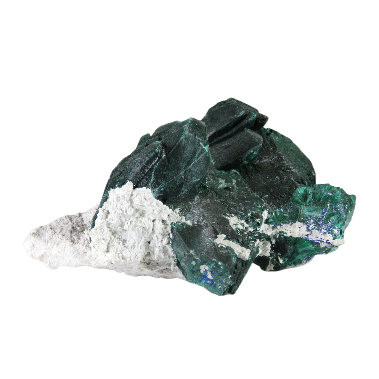 A superior malachite pseudomorph specimen featuring lustrous green crystals with distinctive chatoyancy perched on bright white dickite matrix. The 6 cm specimen displays excellent crystal form, dramatic color contrast, and features a cleaved crystal revealing internal malachite structure.