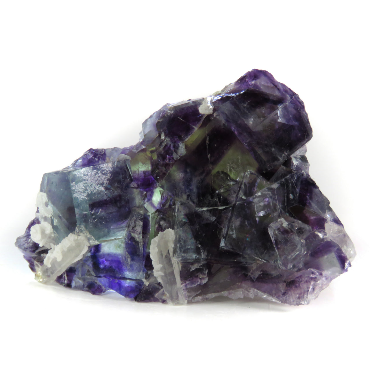 A superior fluorite specimen featuring intergrown cubic crystals with dramatic color zoning from deep purple to vivid blue when backlit. The 4 cm plate displays exceptional transparency, distinctive blue-zoned cube placement, and shows the characteristic fine crystal formation of this notable locality.