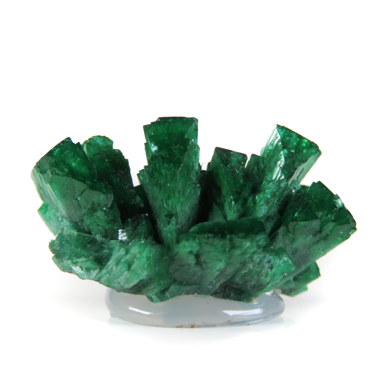 A remarkable zincolivenite specimen featuring brilliant emerald-green prismatic crystals with exceptional transparency and glassy luster. The 2 cm piece from Namibia's Tsumeb Mine displays superior crystallization, intense color saturation, and represents a premier example of this rare copper-zinc arsenate species.