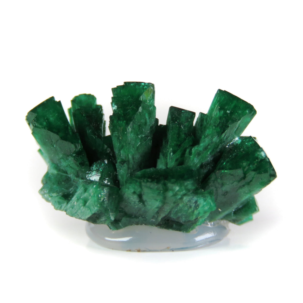 A remarkable zincolivenite specimen featuring brilliant emerald-green prismatic crystals with exceptional transparency and glassy luster. The 2 cm piece from Namibia's Tsumeb Mine displays superior crystallization, intense color saturation, and represents a premier example of this rare copper-zinc arsenate species.